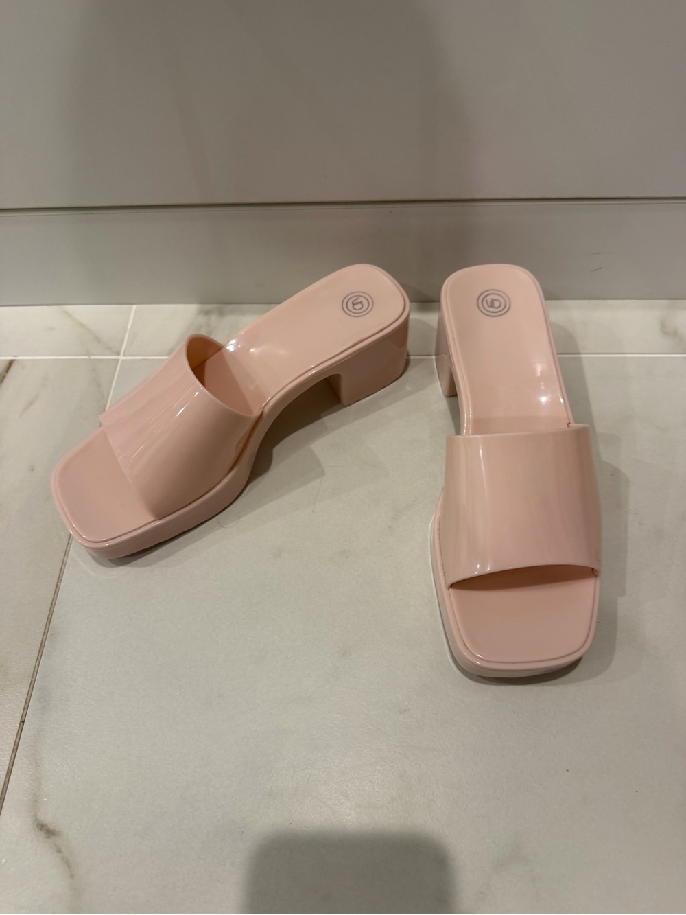 Urban Outfitters Blush Gloss Block Heel Slide Mules